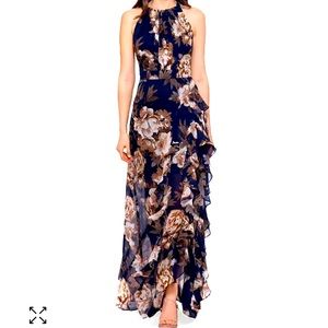 Betsy & Adam Ruffle-Trim Halter Gown